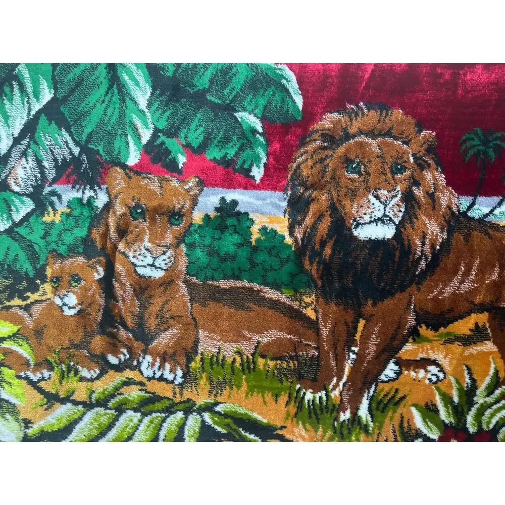Vintage Mid Century Lion Family Large Carpet Wall Tapestry Morocco 19X38 Jungle